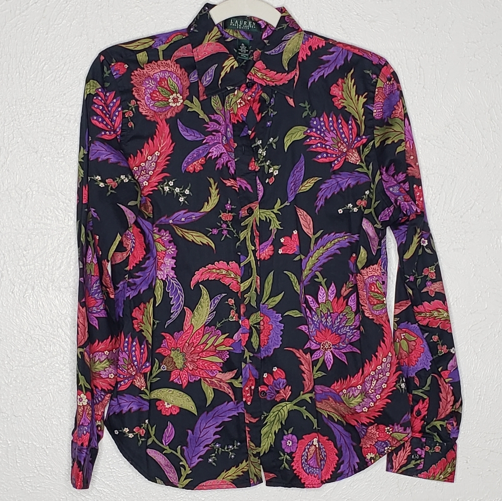Lauren Ralph Lauren Petite Cotton Natural Materials Botanical Floral Button down
